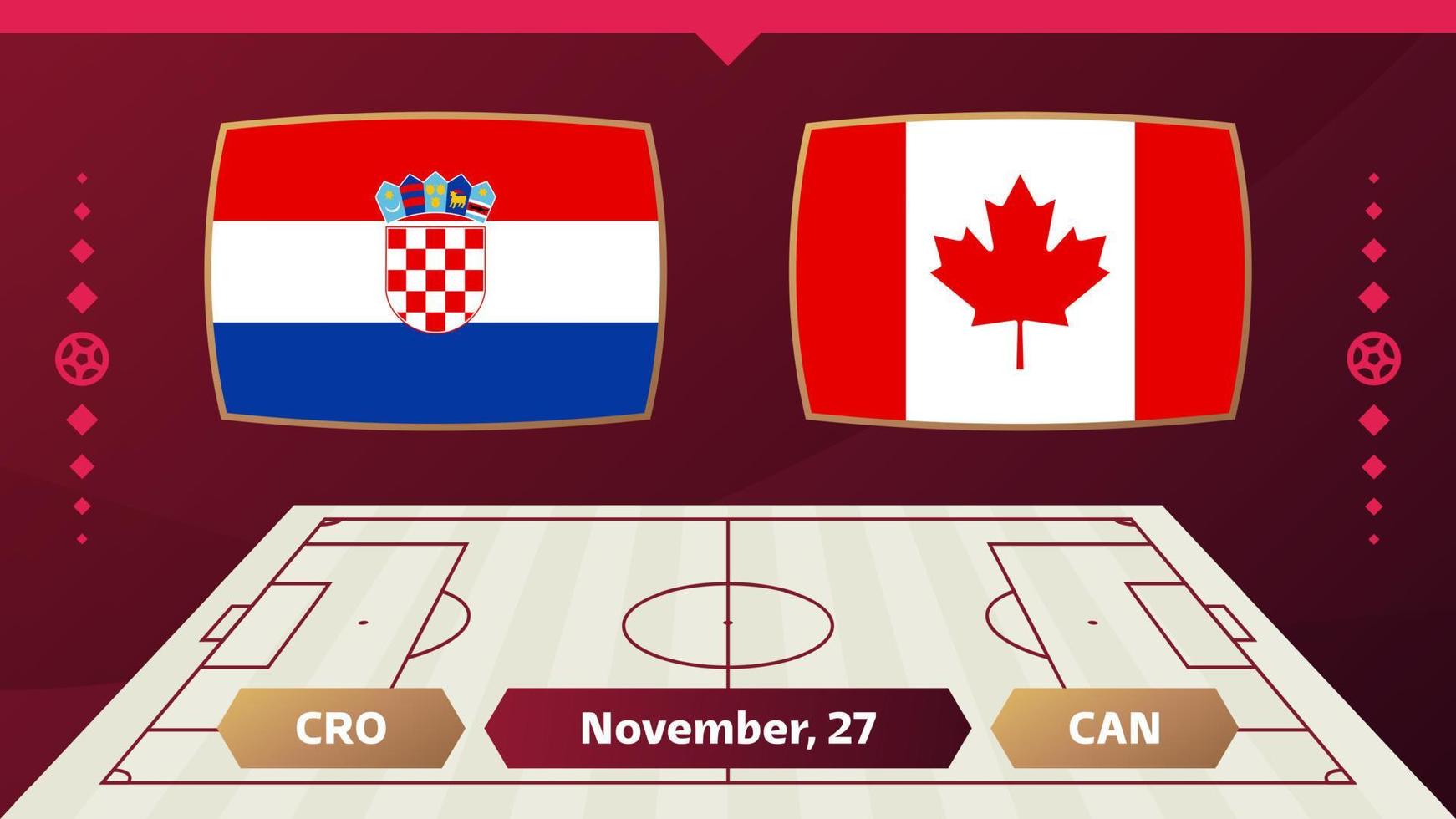 croacia vs canada, futbol 2022, grupo e. partido de campeonato mundial de fútbol versus antecedentes deportivos de introducción de equipos, afiche final de la competencia de campeonato, ilustración vectorial. vector