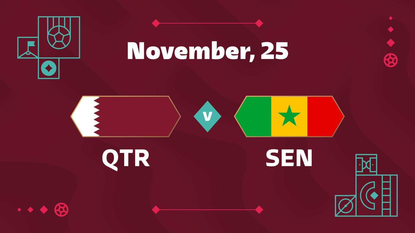 qatar vs senegal, fútbol 2022, grupo a. partido de campeonato mundial de fútbol versus antecedentes deportivos de introducción de equipos, afiche final de la competencia de campeonato, ilustración vectorial. vector