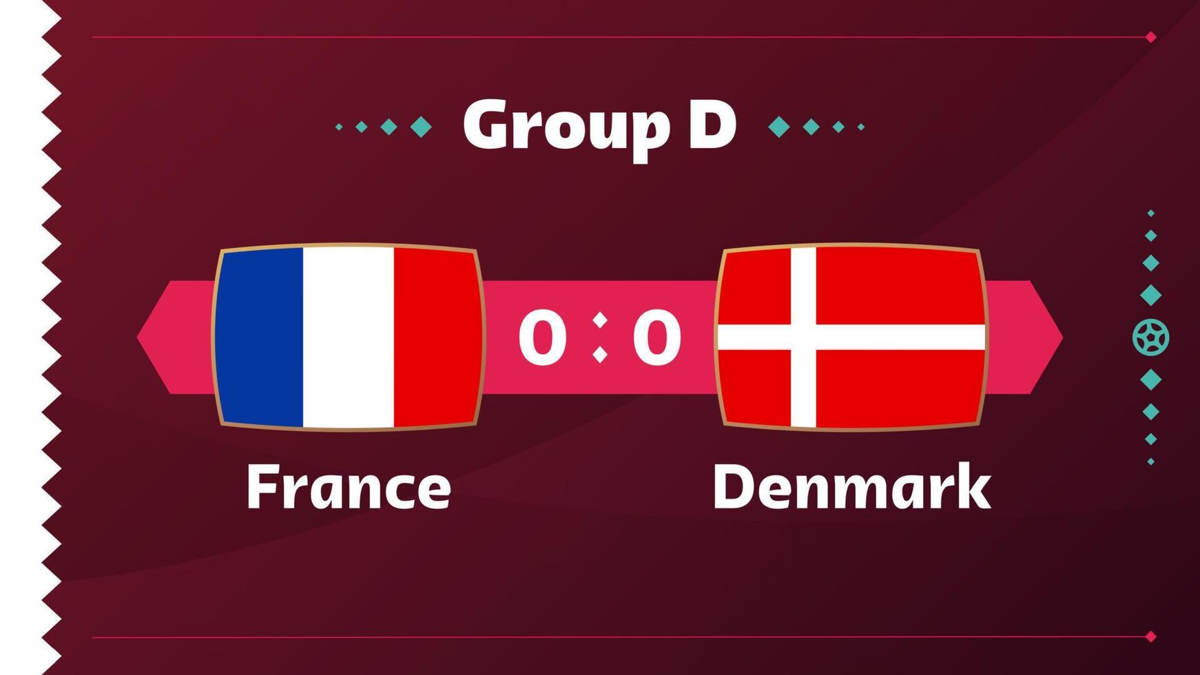 francia vs dinamarca, fútbol 2022, grupo d. partido de campeonato mundial de fútbol versus antecedentes deportivos de introducción de equipos, afiche final de la competencia de campeonato, ilustración vectorial. vector