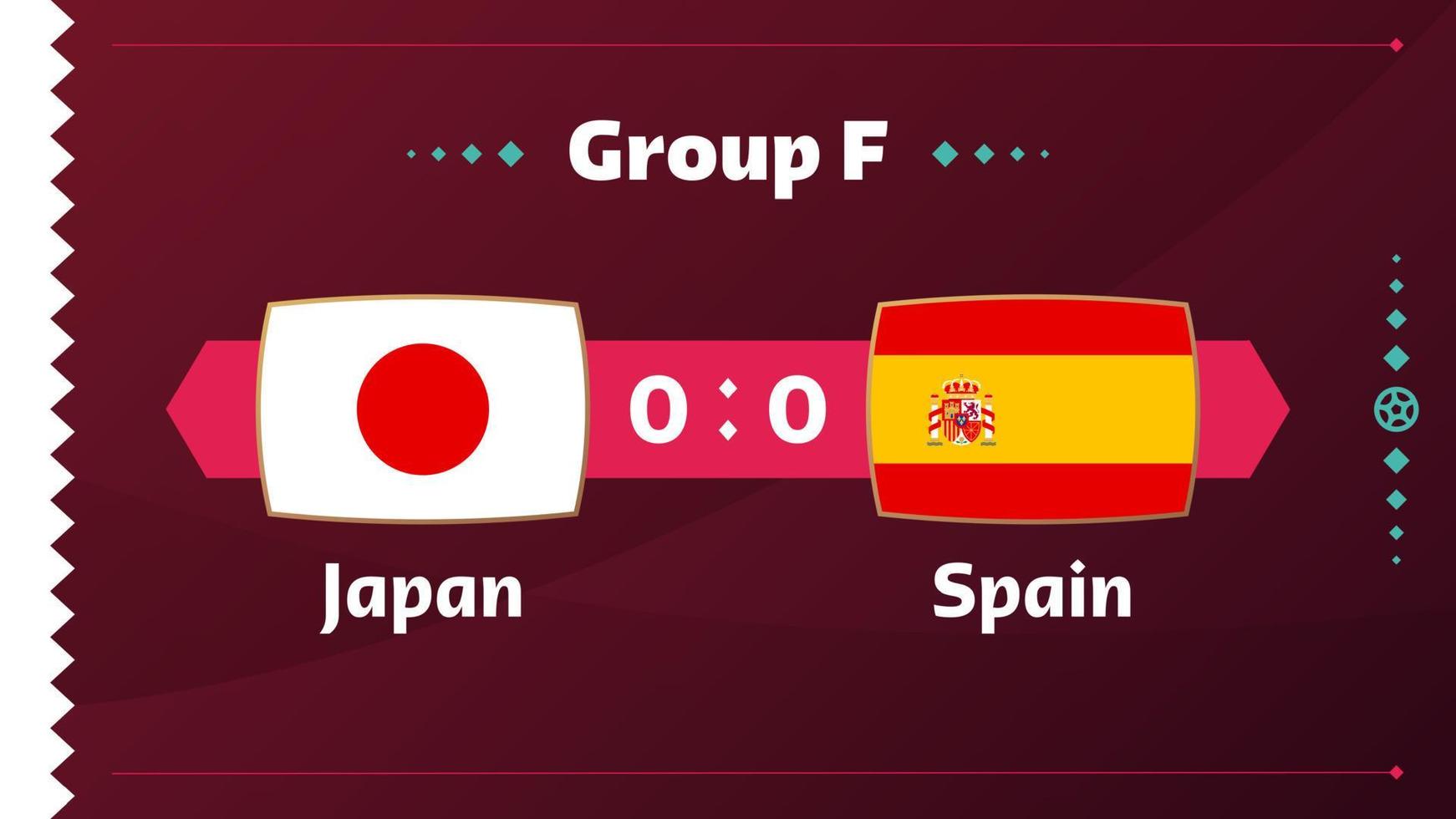 japon vs españa, futbol 2022, grupo f. partido de campeonato mundial de fútbol versus antecedentes deportivos de introducción de equipos, afiche final de la competencia de campeonato, ilustración vectorial. vector