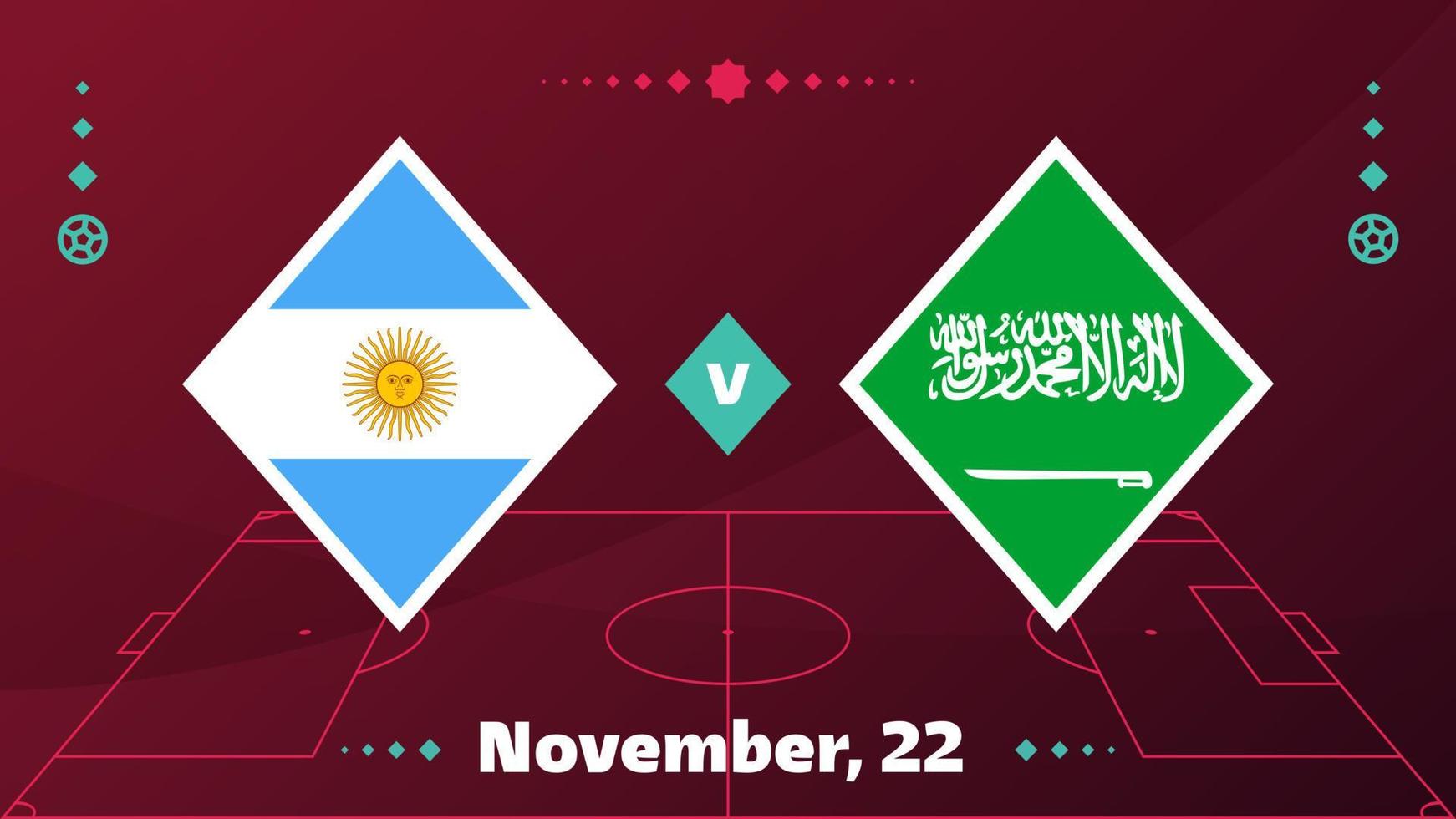 argentina vs arabia saudita, futbol 2022, grupo c. partido de campeonato mundial de fútbol versus antecedentes deportivos de introducción de equipos, afiche final de la competencia de campeonato, ilustración vectorial. vector