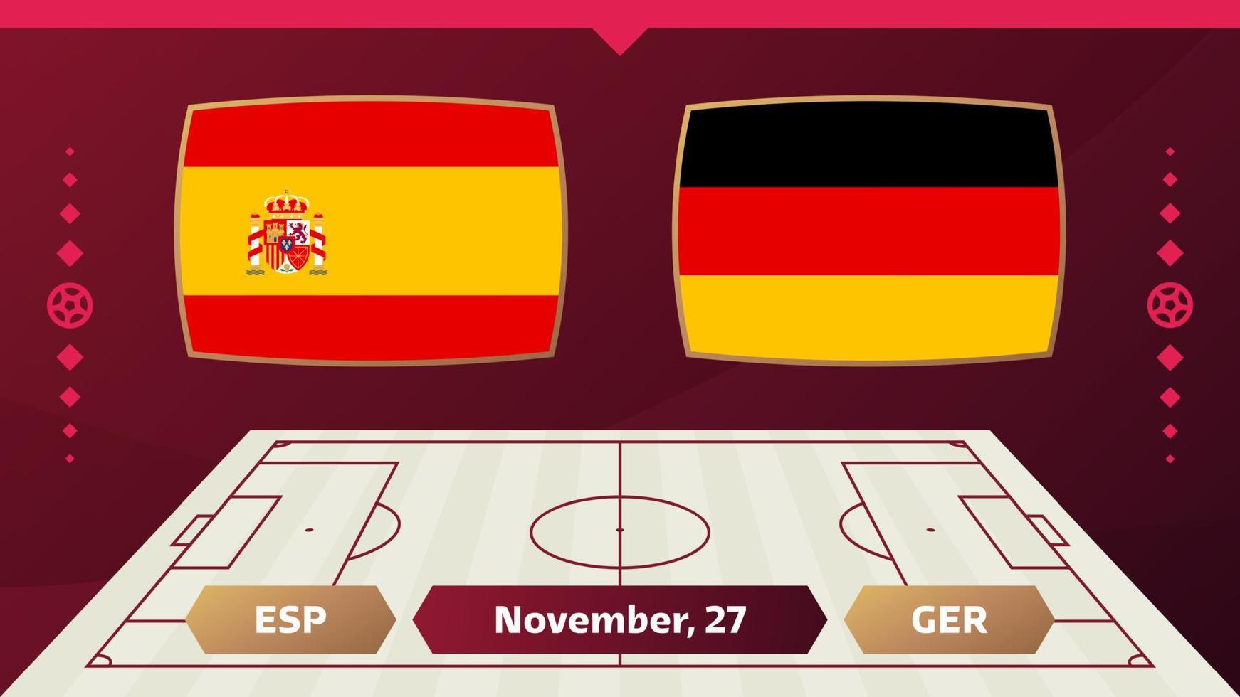 españa vs alemania, futbol 2022, grupo f. partido de campeonato mundial de fútbol versus antecedentes deportivos de introducción de equipos, afiche final de la competencia de campeonato, ilustración vectorial. vector