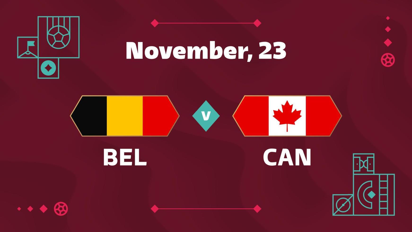 belgica vs canada, futbol 2022, grupo f. partido de campeonato mundial de fútbol versus antecedentes deportivos de introducción de equipos, afiche final de la competencia de campeonato, ilustración vectorial. vector