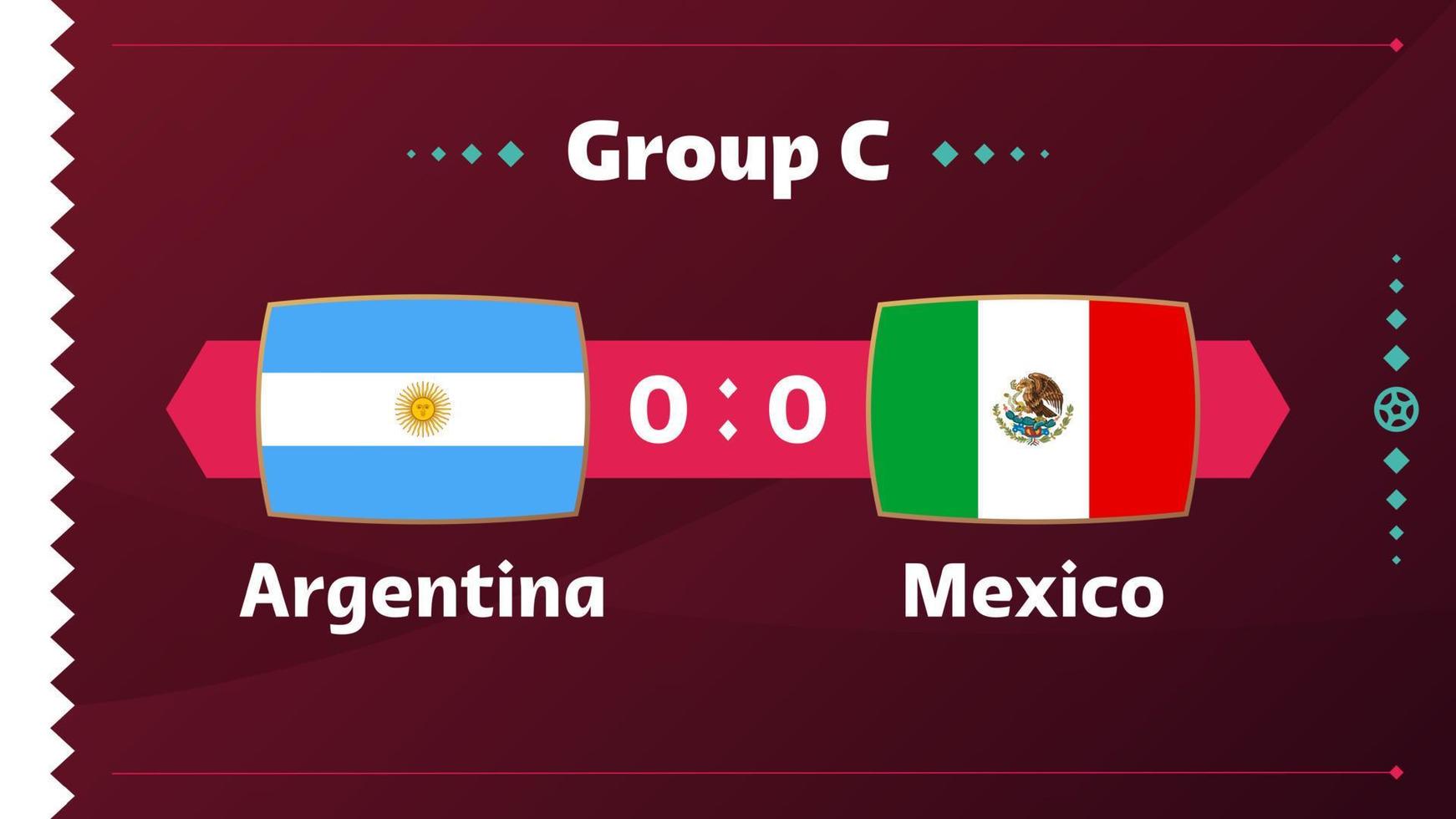 argentina vs mexico, futbol 2022, grupo c. partido de campeonato mundial de fútbol versus antecedentes deportivos de introducción de equipos, afiche final de la competencia de campeonato, ilustración vectorial. vector