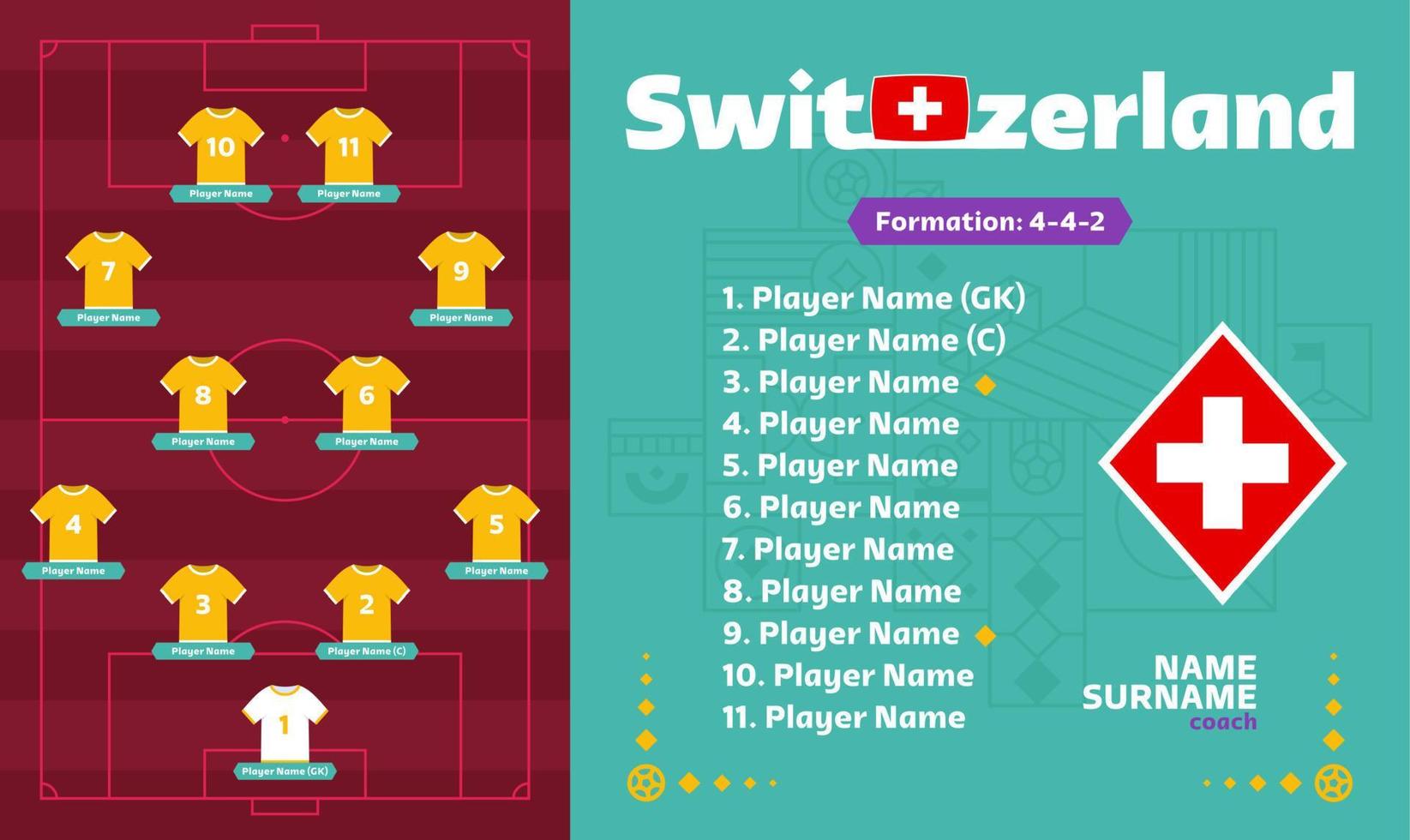 Switzerland line-up Football 2022 tournament final stage vector illustration. Country team lineup table and Team Formation on Football Field. soccer tournament Vector country flags.