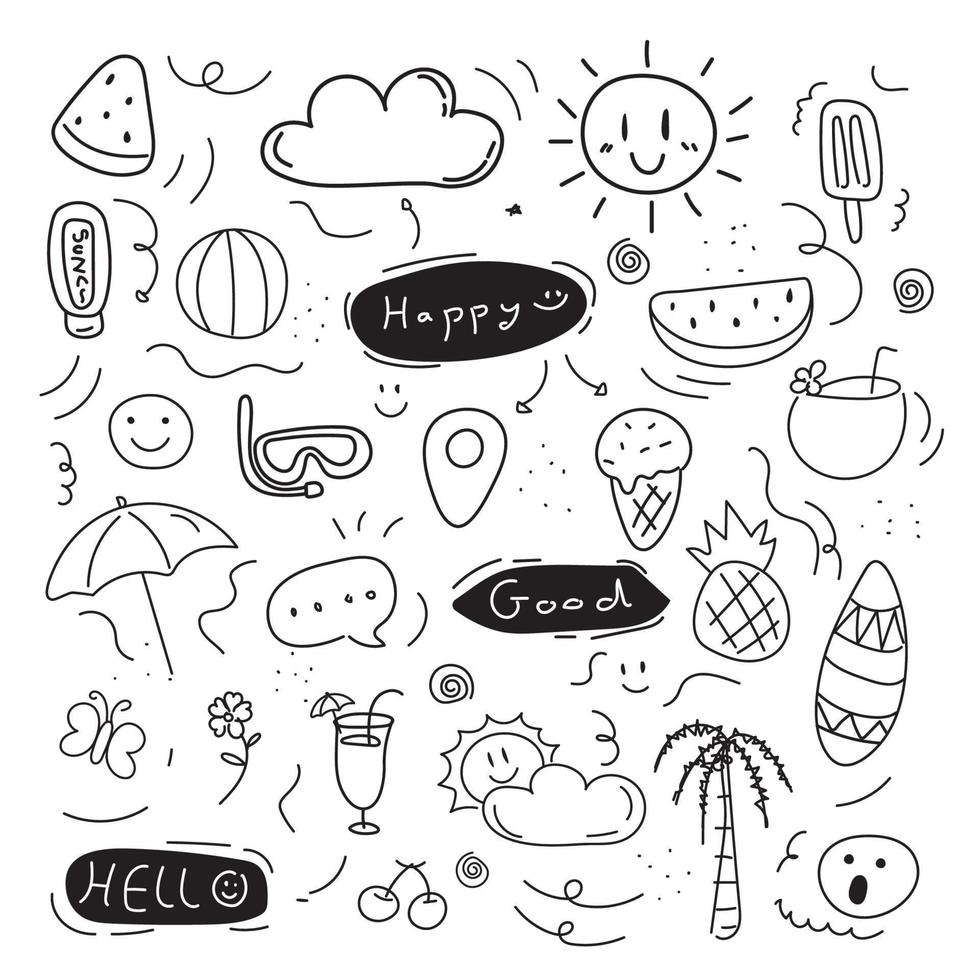 vector doodles set summer icons. hand drawn doodle style. sun, palm tree, umbrella, ice cream, ball.