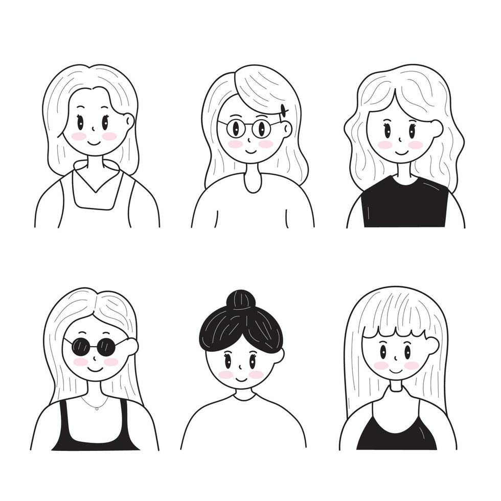 ilustración vectorial establece muchos estilos de mujeres. paquetes de iconos en blanco y negro. fondo aislado. vector