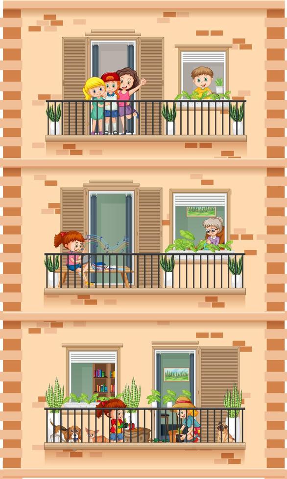 Apartment windows with neighbors cartoon character vector