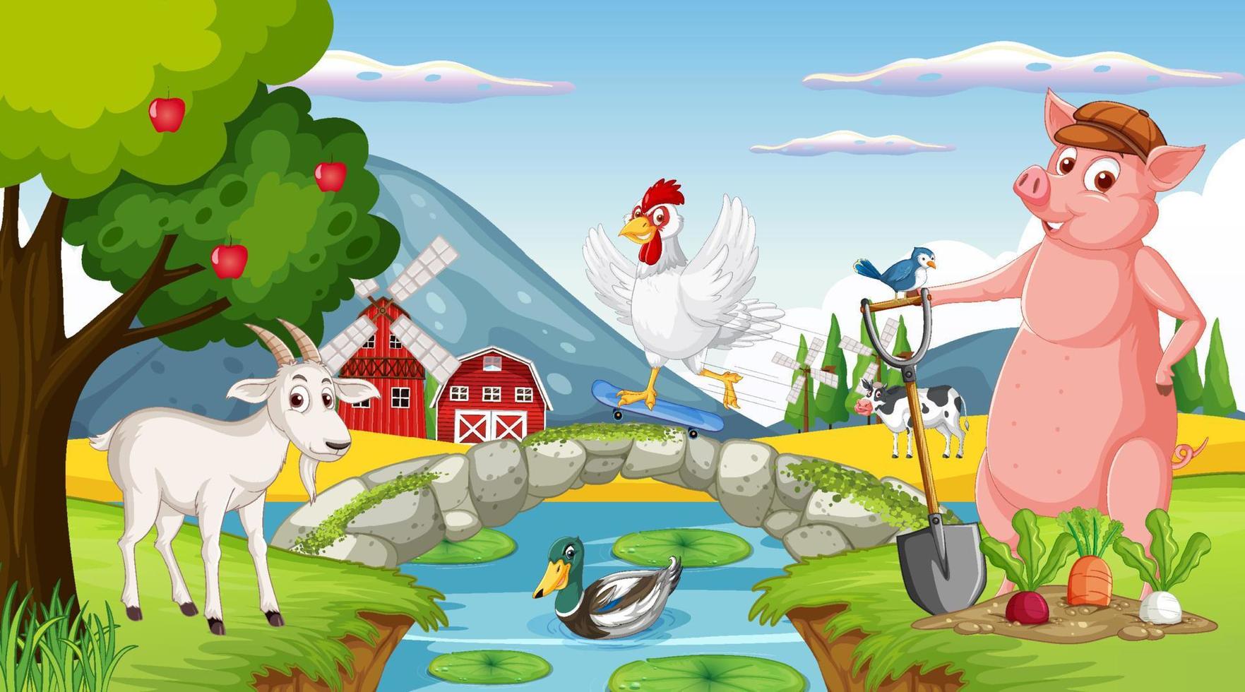 fondo de granja con animales felices vector