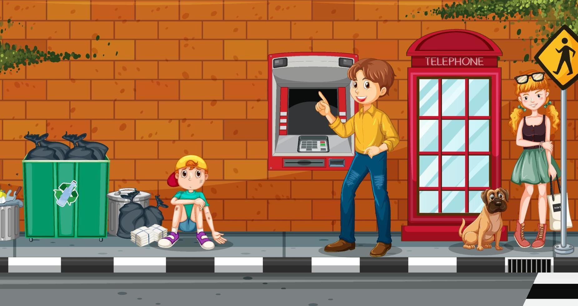 escena de la calle del cajero automático con la gente vector