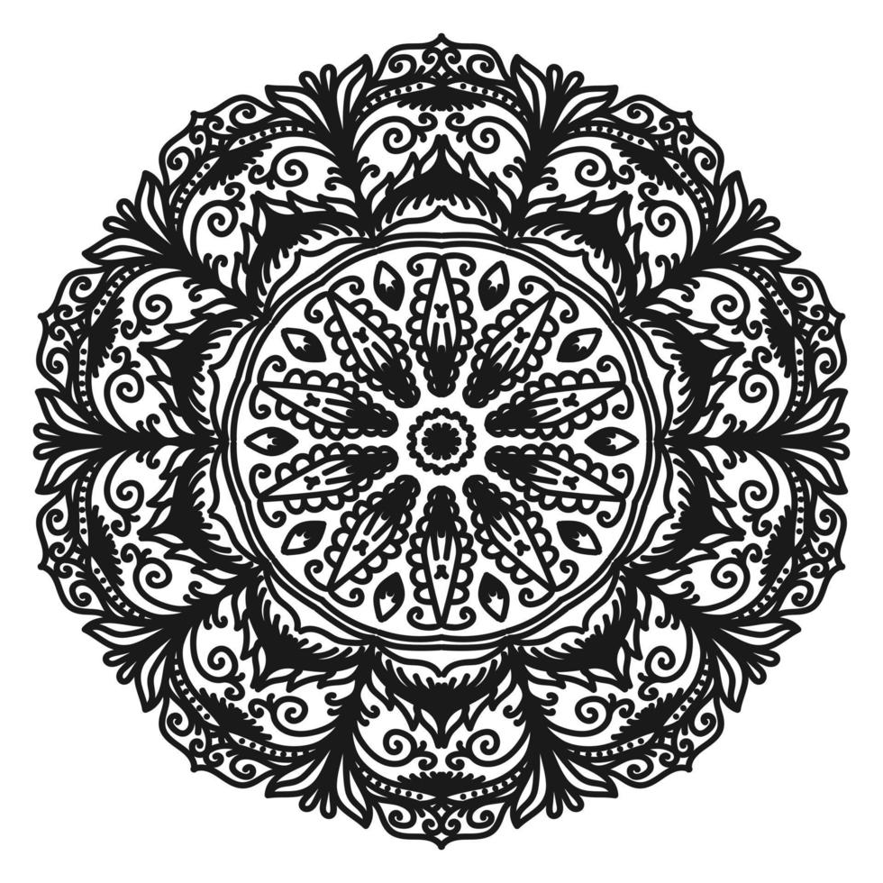 Circular pattern of a mandala for henna. Decorative black ornament on a white background. Antistress coloring book page. vector
