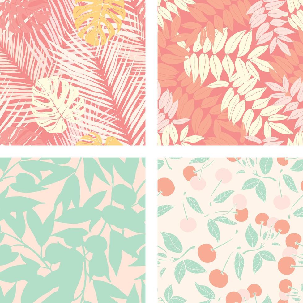 Beautiful hibiscus flowers, leaves, pineapples seamless pattern background set. Tropical nature wrapping paper or textile design set. Beautiful print with hand-drawn exotic plants. vector