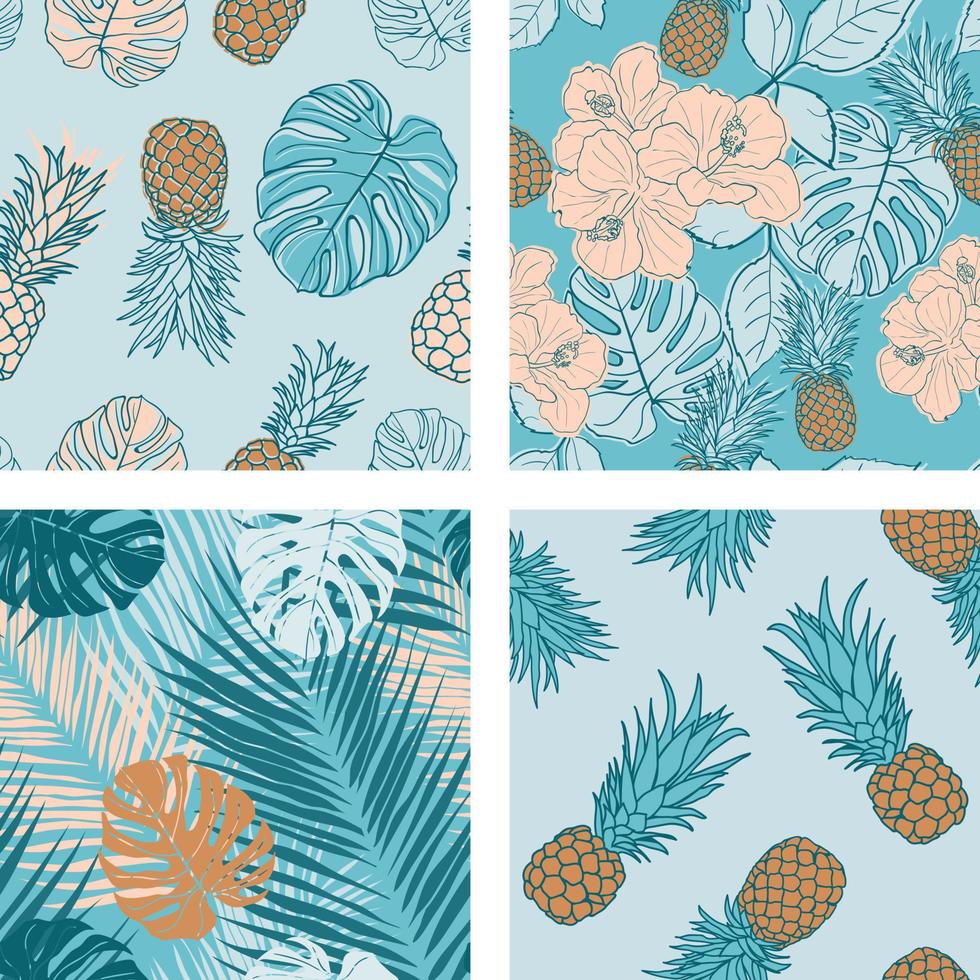 Beautiful hibiscus flowers, leaves, pineapples seamless pattern background set. Tropical nature wrapping paper or textile design set. Beautiful print with hand-drawn exotic plants. vector