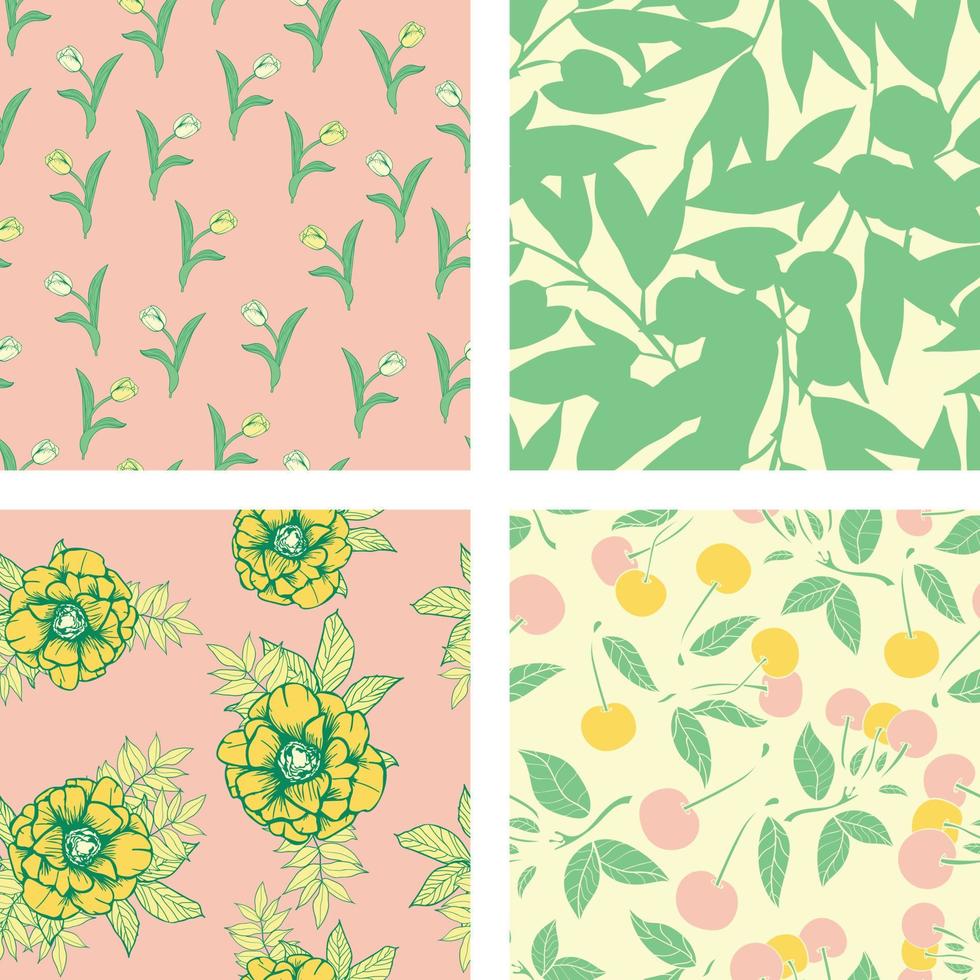 Beautiful flowers and summer fruites seamless pattern background set. Tropical nature wrapping paper or textile design set. Beautiful print with hand-drawn exotic plants. vector