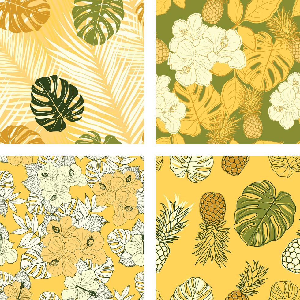 Beautiful hibiscus flowers, leaves, pineapples seamless pattern background set. Tropical nature wrapping paper or textile design set. Beautiful print with hand-drawn exotic plants. vector