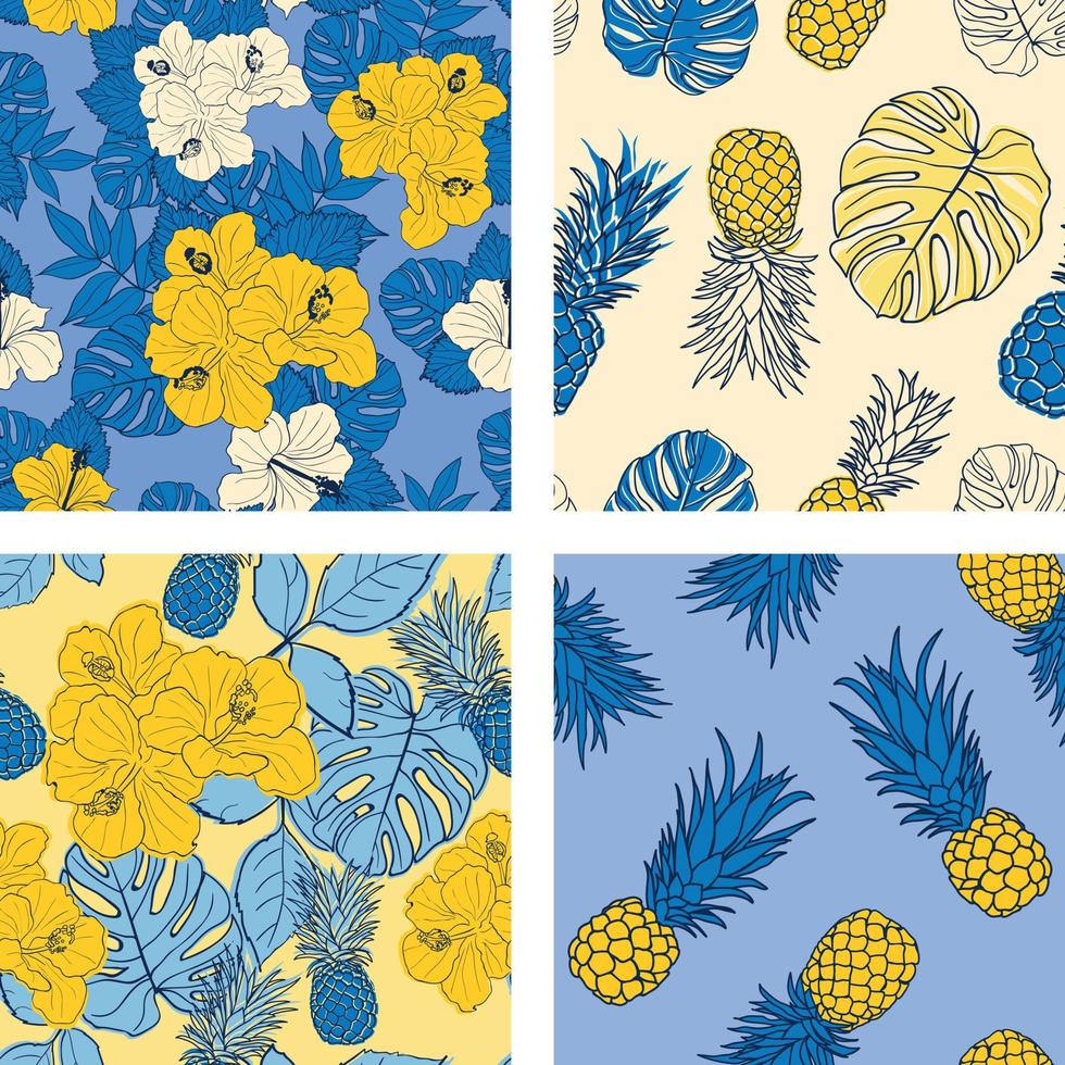 Beautiful hibiscus flowers, leaves, pineapples seamless pattern background set. Tropical nature wrapping paper or textile design set. Beautiful print with hand-drawn exotic plants. vector