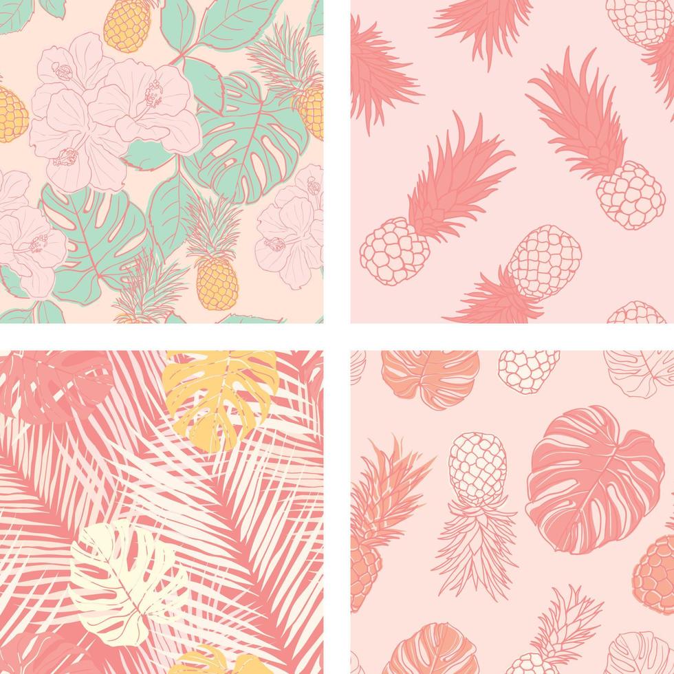 hermosas flores de hibisco, hojas, piñas conjunto de fondo de patrones sin fisuras. papel de regalo de naturaleza tropical o juego de diseño textil. hermoso estampado con plantas exóticas dibujadas a mano. vector