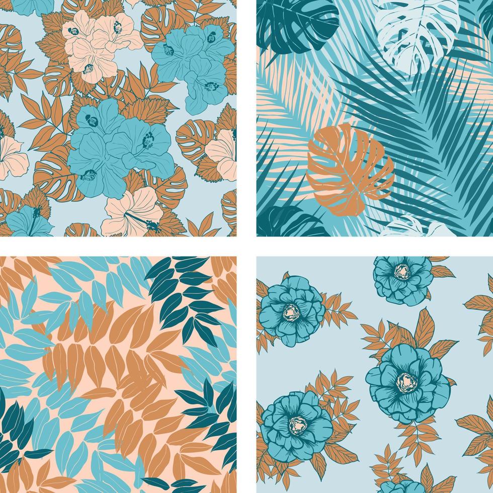 hermosas flores de hibisco, hojas, piñas conjunto de fondo de patrones sin fisuras. papel de regalo de naturaleza tropical o juego de diseño textil. hermoso estampado con plantas exóticas dibujadas a mano. vector