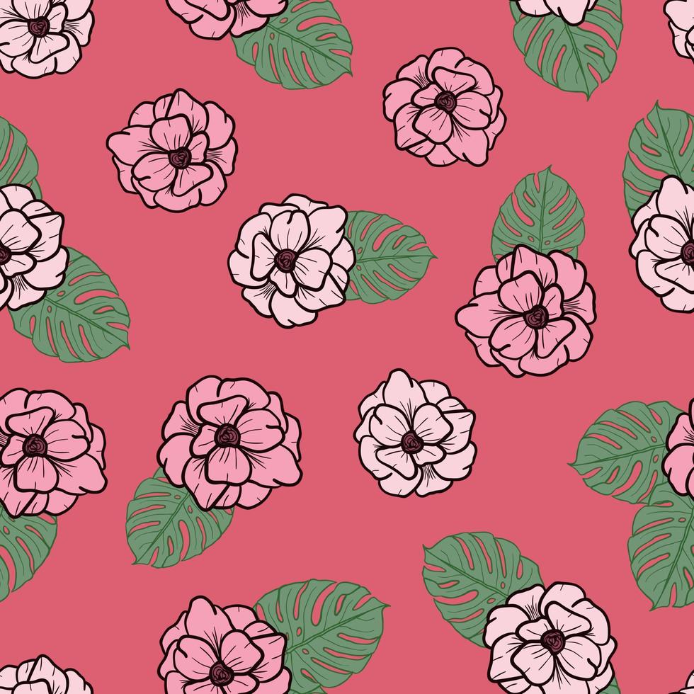 flores de anémona y hojas de fondo transparente. papel de regalo de naturaleza tropical o diseño textil. hermoso estampado con plantas exóticas dibujadas a mano. vector