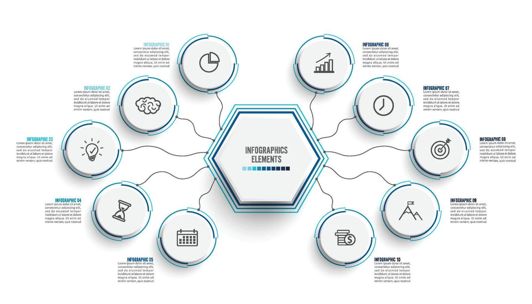 plantilla infográfica vectorial con etiqueta de papel 3d, círculos integrados. concepto de negocio con 10 opciones. para contenido, diagrama, diagrama de flujo, pasos, partes, infografías de línea de tiempo, flujo de trabajo, gráfico. vector