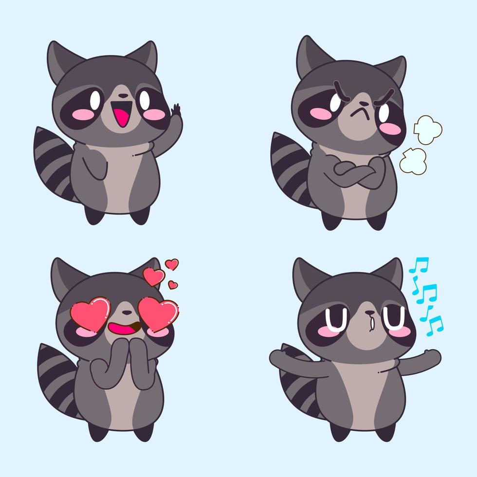 cute raccoon drawing, cute raccoon sticker vector set