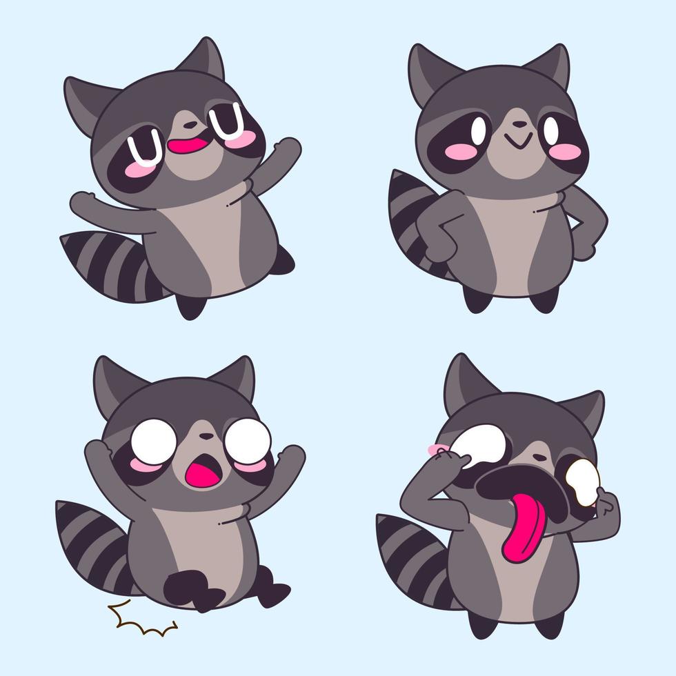 cute raccoon drawing, cute raccoon sticker vector set