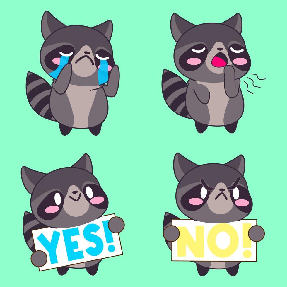 cute raccoon drawing, cute raccoon sticker vector set