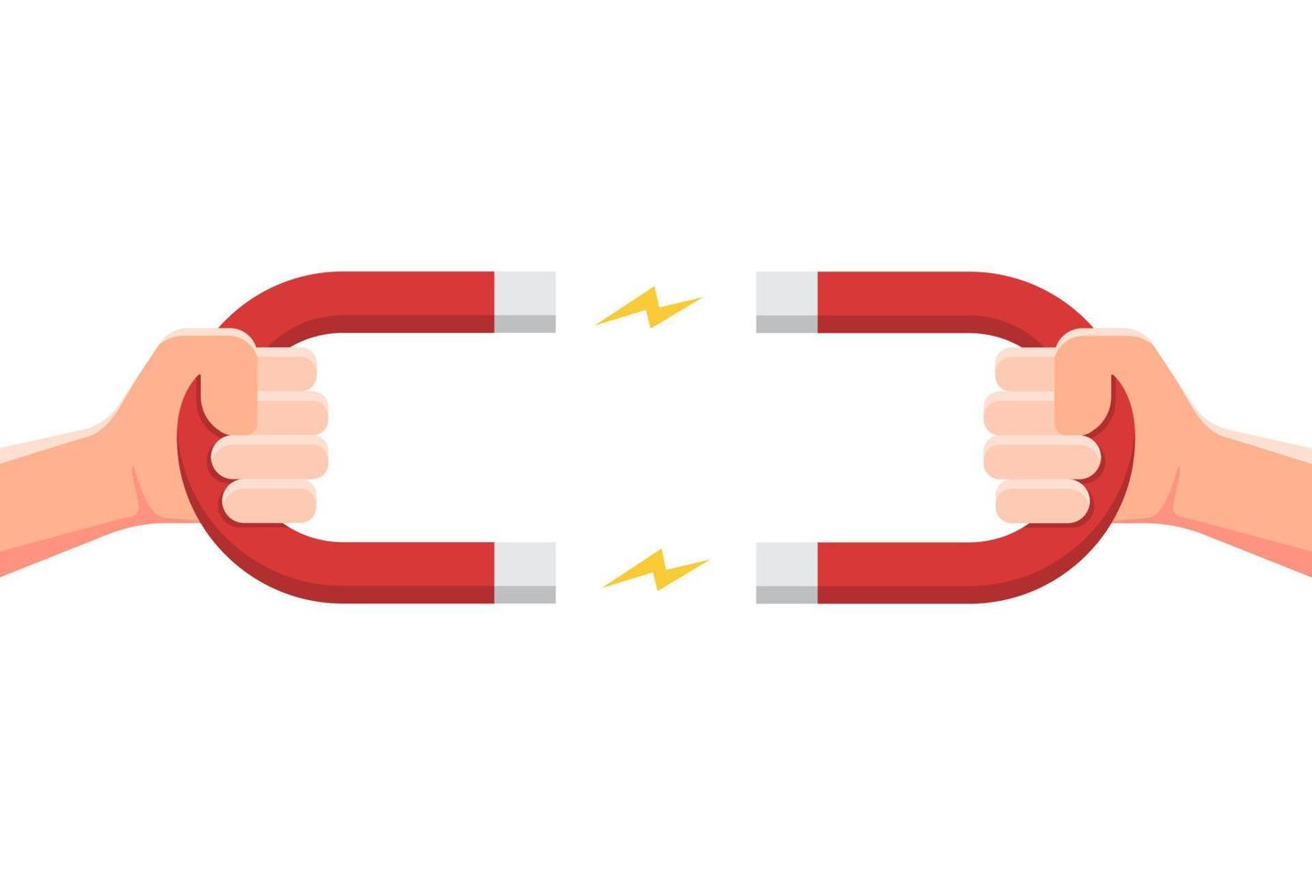 Hand holding magnet with electricity spark. Vector illustration