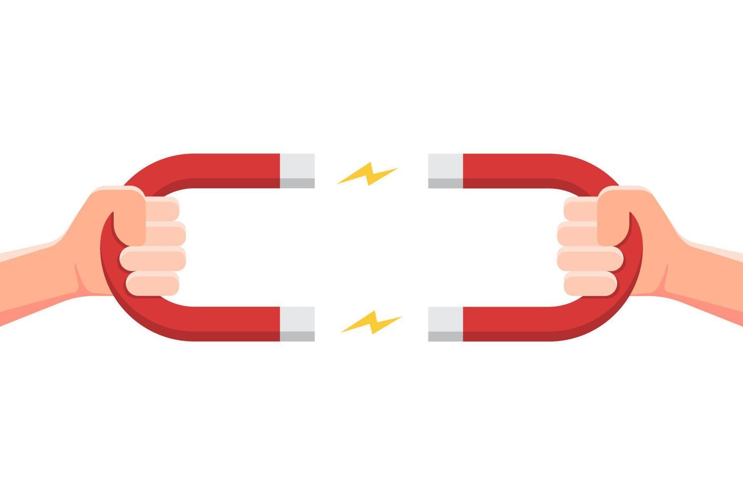 Hand holding magnet with electricity spark. Vector illustration