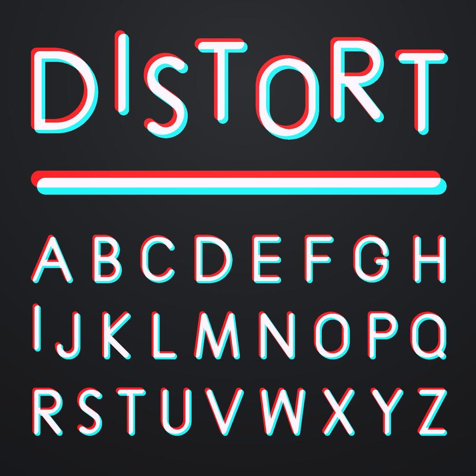 Distorted glitch blue and red color alphabet typography font. Vector Illustration