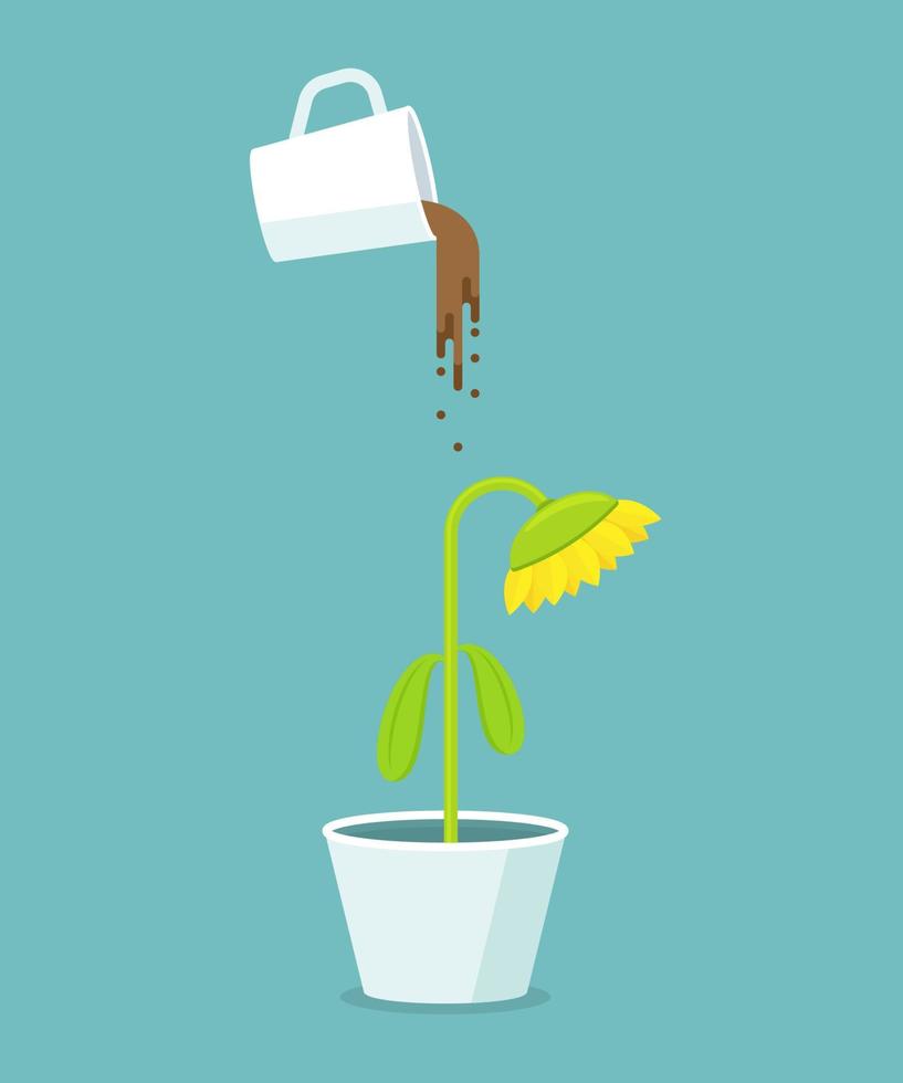 Watering Plant with Coffee. Concept of Awake and Alert. Business Idea. Vector illustration