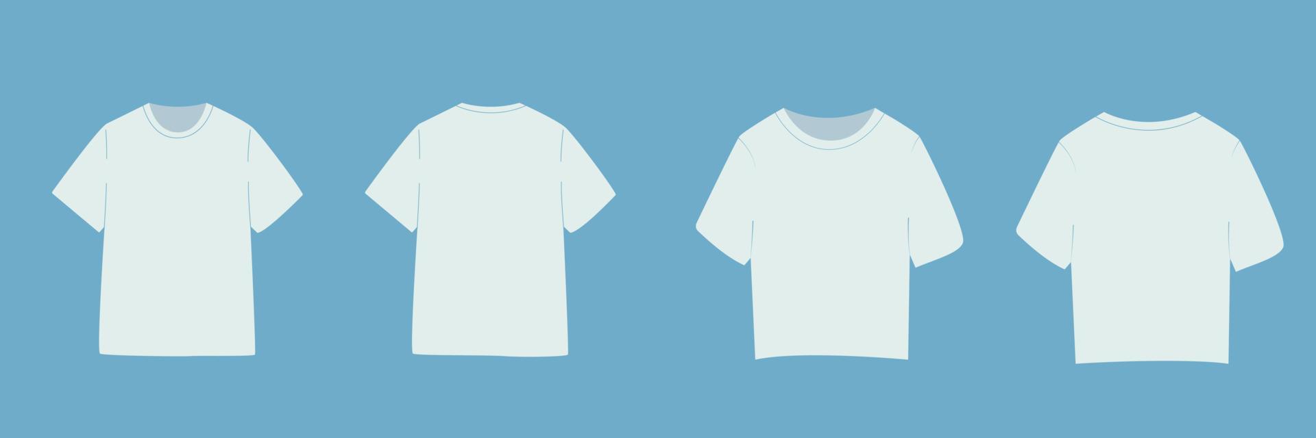 T-shirt with short sleeve for  men and women. Basic mock up in front and back view. Template clothing on blue background. Vector illustration