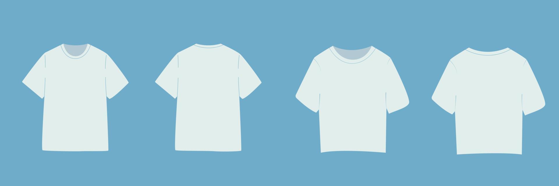 camiseta de manga corta para hombre y mujer. maqueta básica en la vista frontal y posterior. ropa de plantilla sobre fondo azul. ilustración vectorial vector