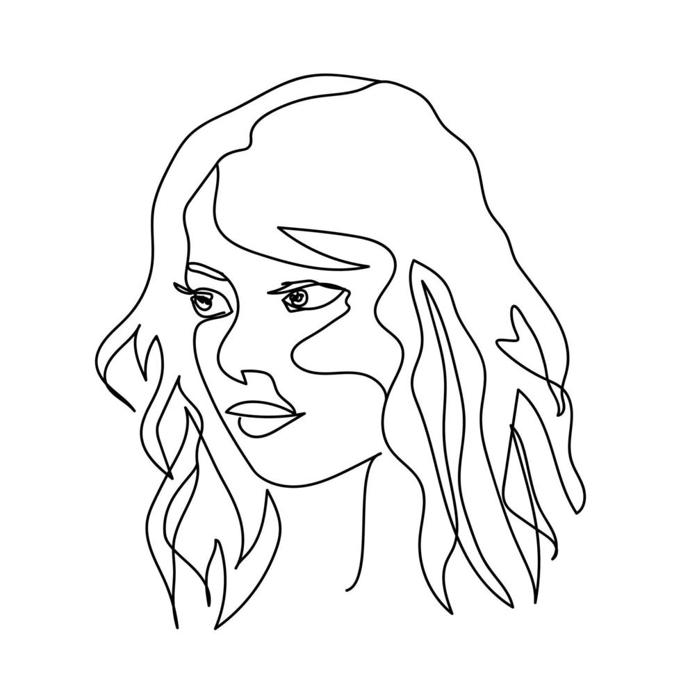 A portrait of a young woman in one line. Sketch of pretty lady. Decorative art element. Forming contour of female face. Vector illustration on white background