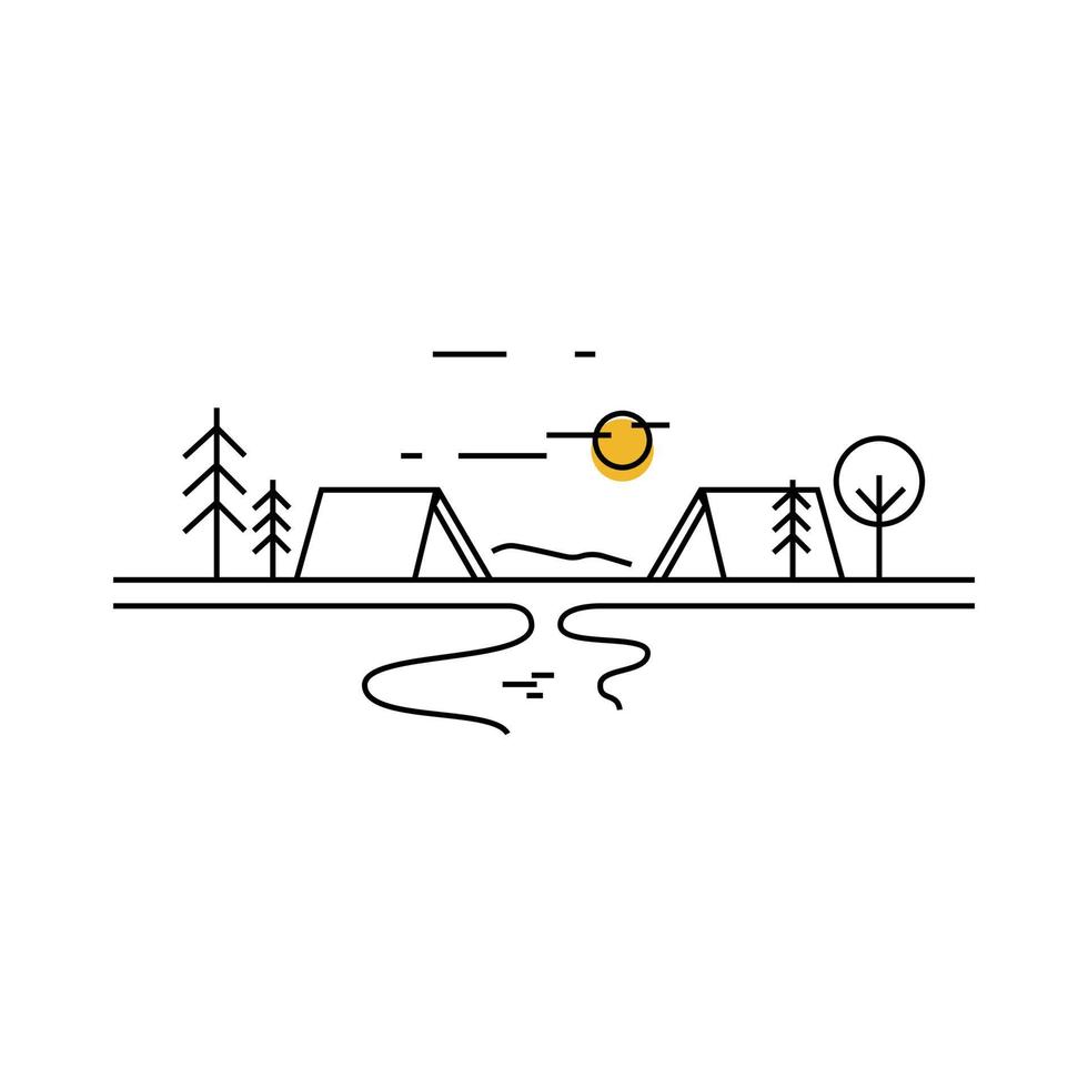 Landscape, base camp tents area line art concept. Summer trail walking, hiking or tracking, ecological pathway. Sunset or  sunrise in the nature. Vector illustration on white background, isolated