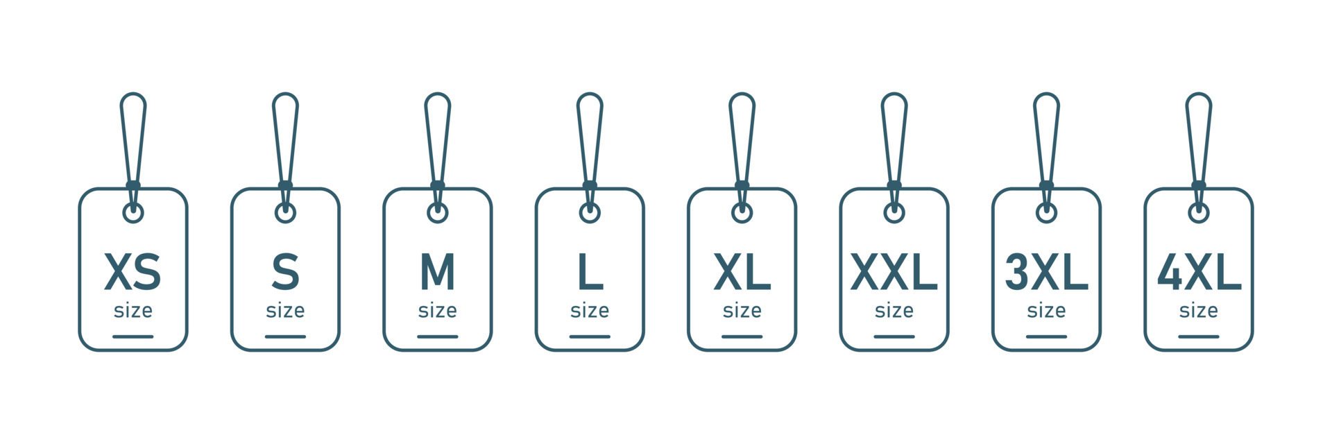 Clothing size labels line icon. Tag. From XS to 4XL. Vector 7632257