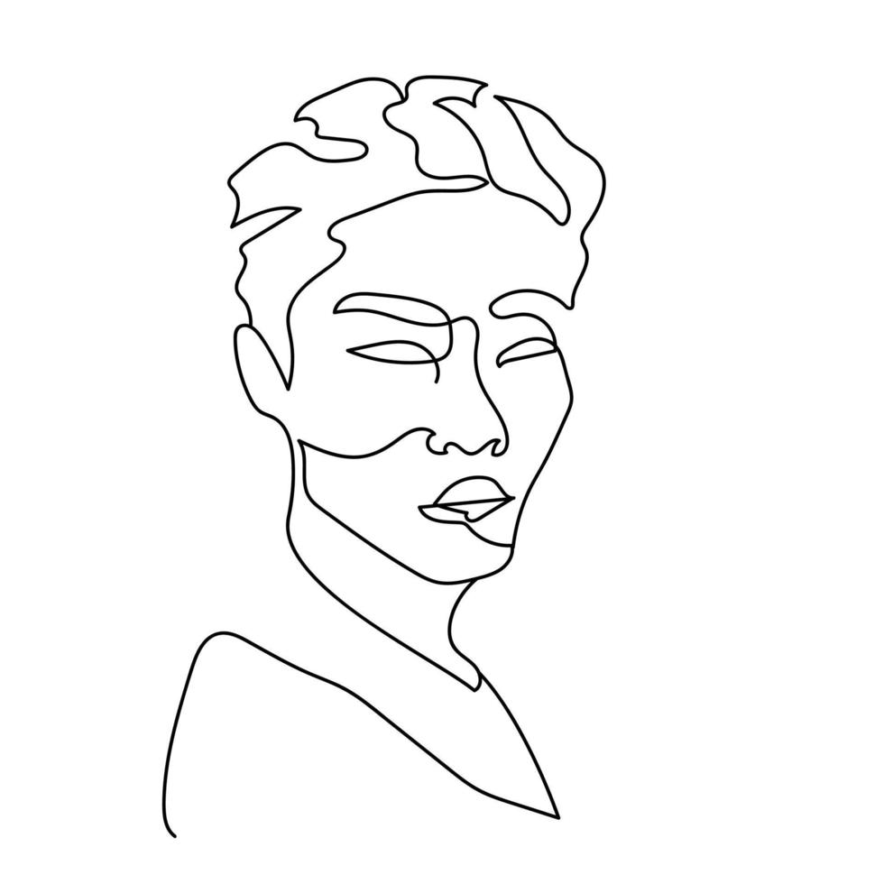 A portrait of a young man in one line. Sketch of asian face. Minimalistic art element. Vector illustration on white background