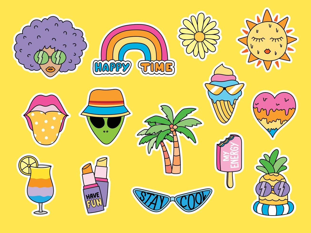 cute and fun summer doodle sticker art vector set for decorating your aetwork.