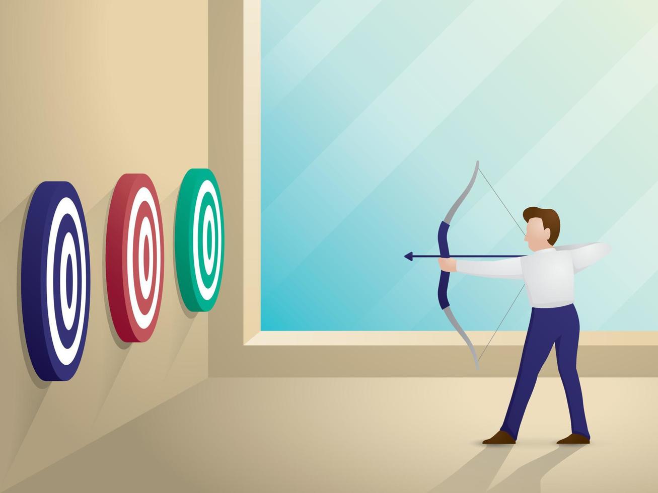 The businessman is shooting an arrow to the goal. Choosing the target 3D illustration vector. vector