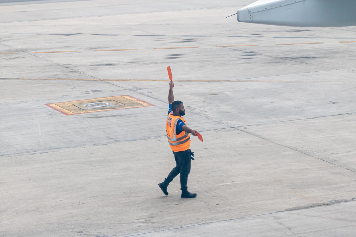 Guarulhos, Sao Paulo, Brazil, May 2019 - Aircraft flag and dialer during airplane landing at Guarulhos airport photo