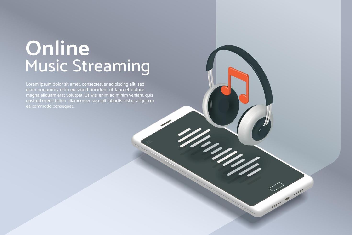 Online music streaming service via smartphone with wireless headphones vector