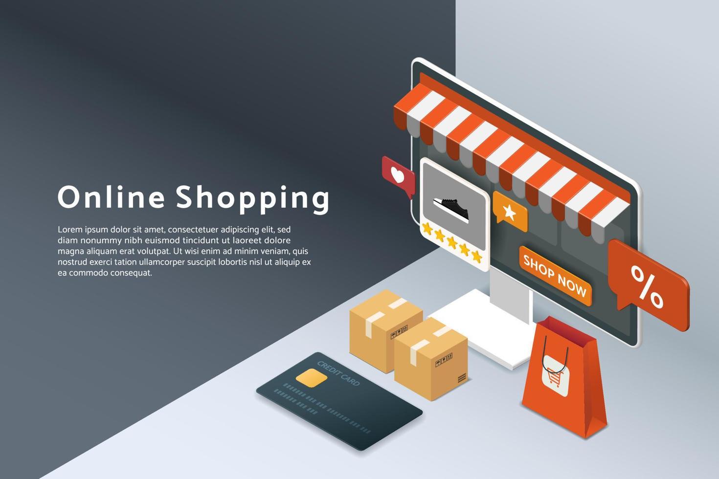 Online shopping via computer monitor, online store discount vector