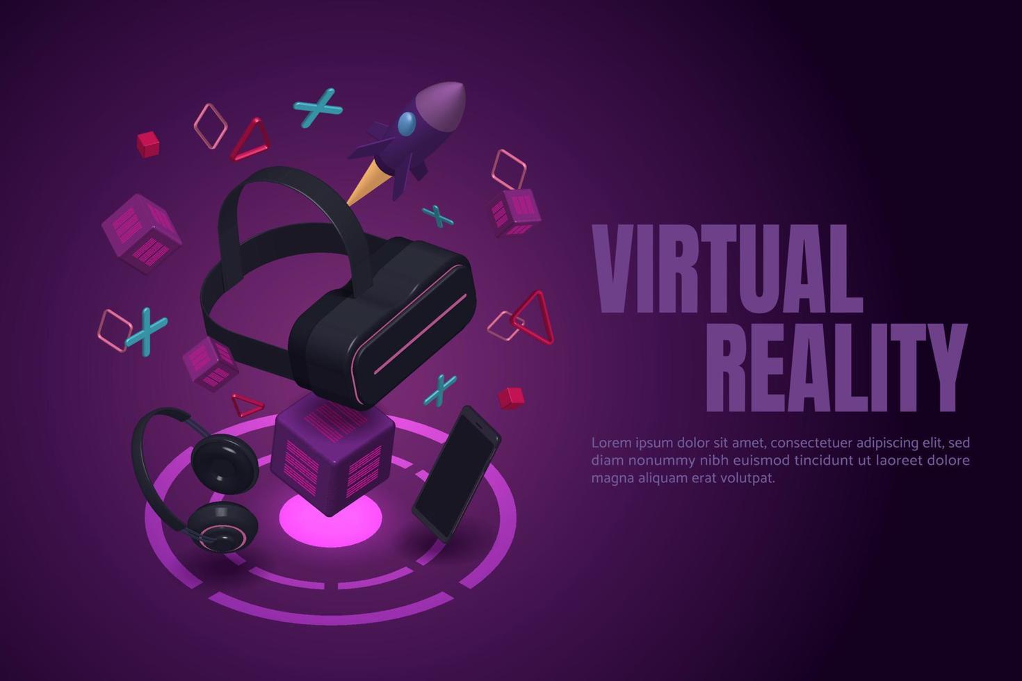 Virtual reality glasses and smartphone, headphones with objects floating around. vector