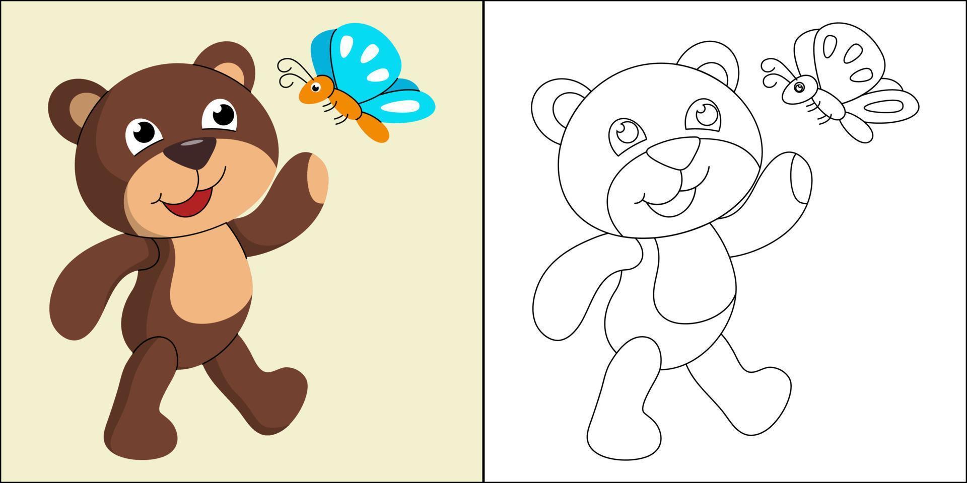 Cute bear and butterfly suitable for children's coloring page vector illustration