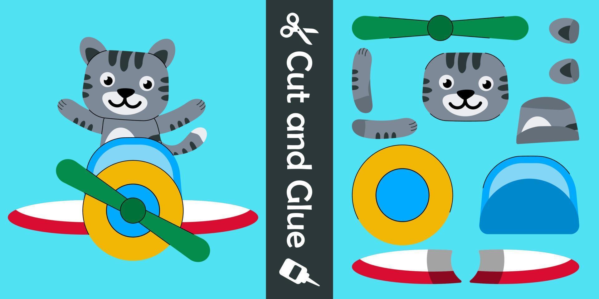 Cute cat flying on a plane. education paper game for children. cut and glue. vector illustration