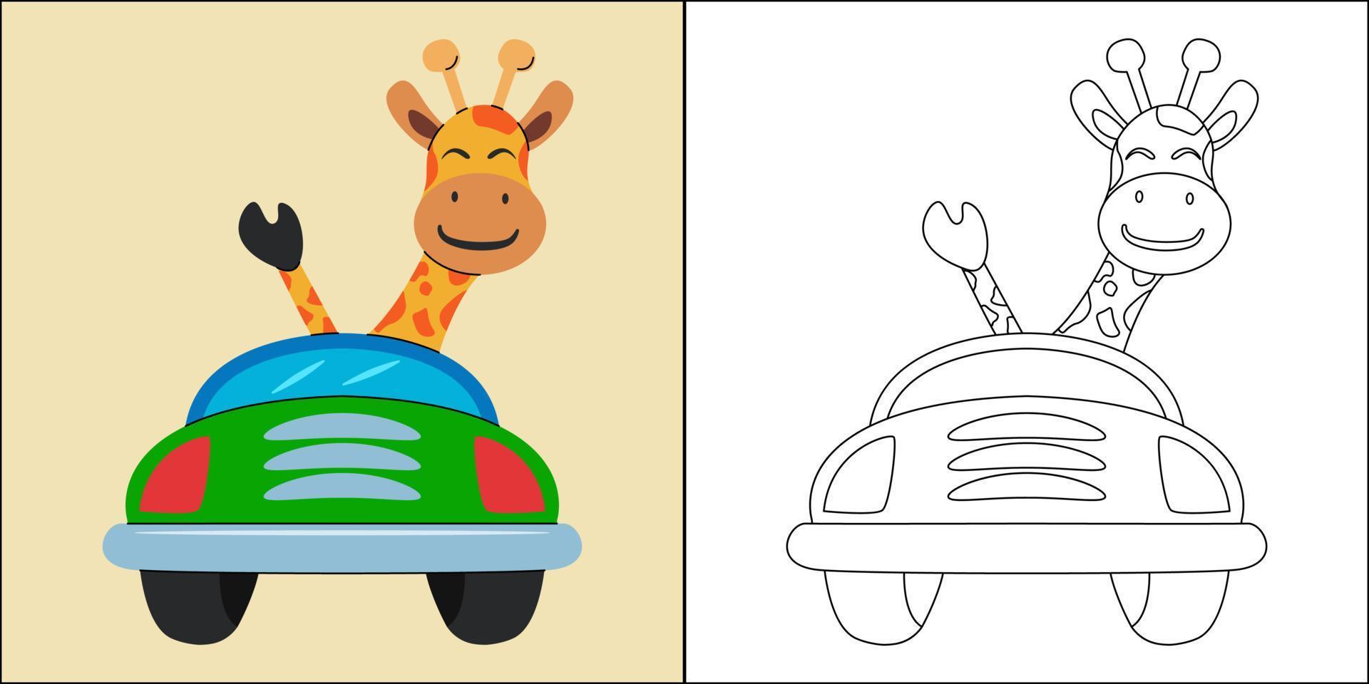 linda jirafa conduciendo un automóvil adecuado para la ilustración vectorial de la página de coloreado de los niños vector