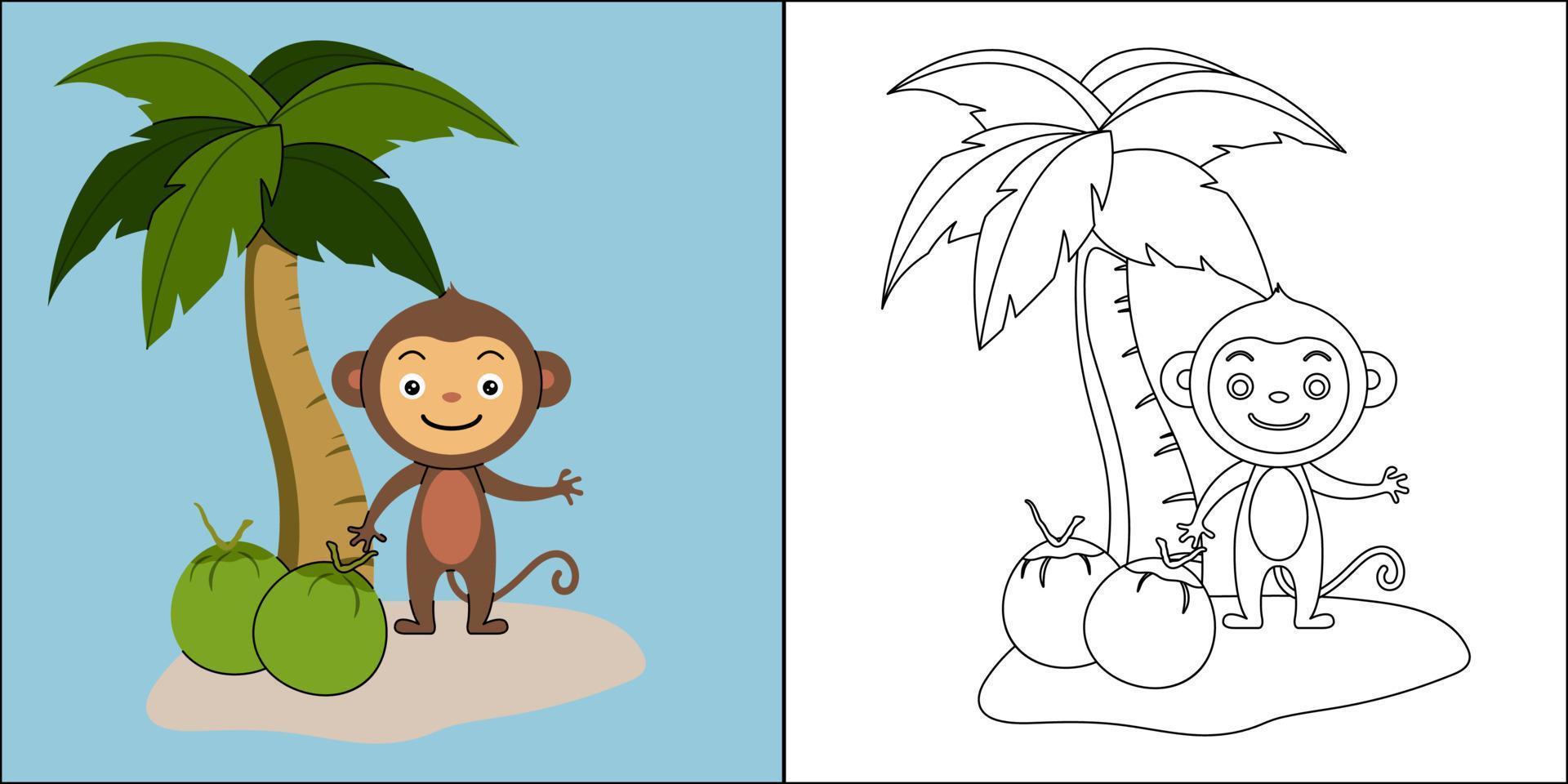 Cute monkey with coconut suitable for children's coloring page vector illustration