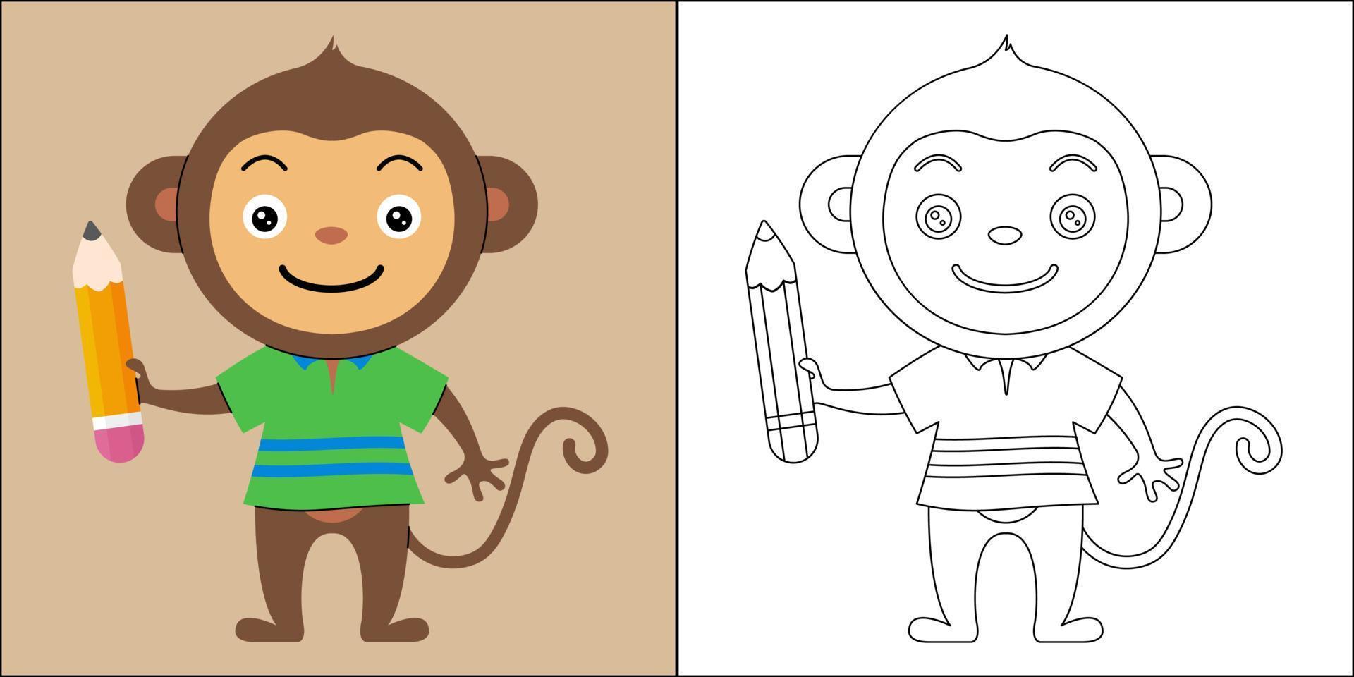 lindo mono sosteniendo un lápiz adecuado para la ilustración de vector de página de color de los niños