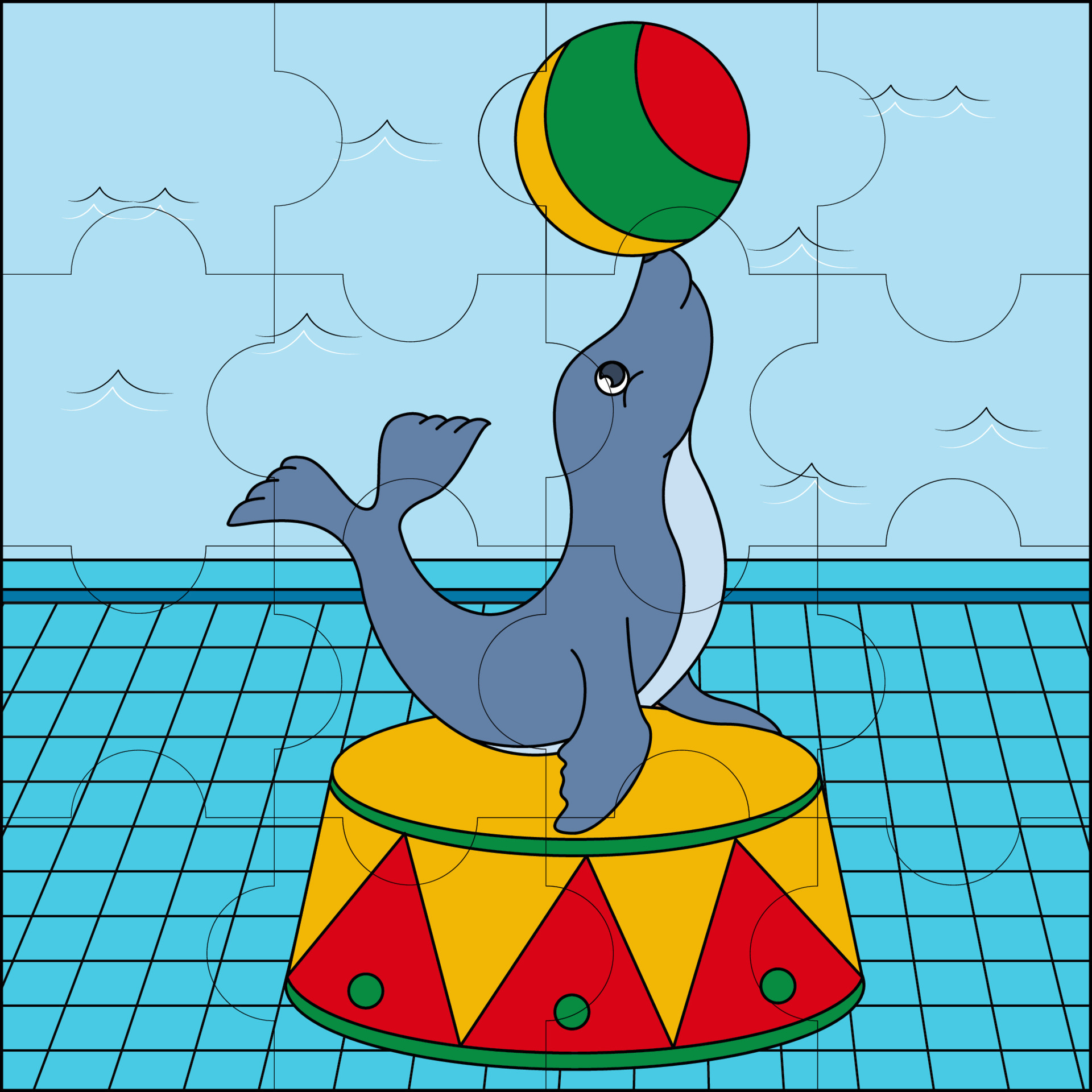 Seal circus show suitable for children's puzzle vector illustration