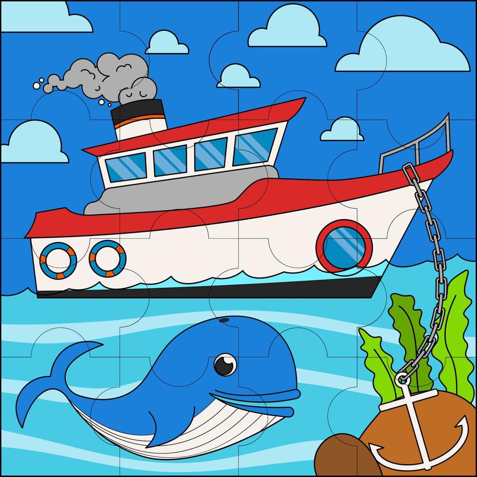 barcos y ballenas en el mar adecuados para ilustraciones de vectores de rompecabezas para niños